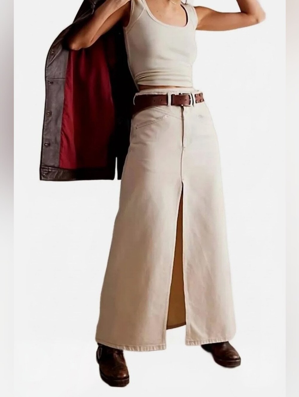 We The Free Come As You Are Wisp Cream 100% Cotton Denim Maxi Skirt Size 2
